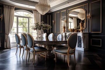 Glamorous Gold Accents in French Provincial Dining Room Designs - Hollywood Inspired - obrazy, fototapety, plakaty