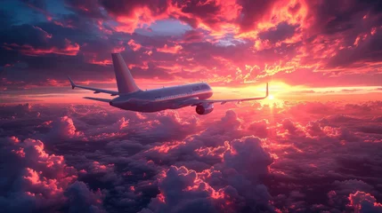Foto op Canvas airplane flies in the sunset sky, pink clouds, big modern plane, flight, wings, transport, fuselage, air, beauty, space for text, airline, travel, nature, light, sun © Julia Zarubina