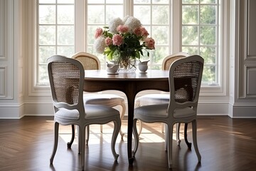 French Provincial Dining Room Designs: Round Table with a Minimalist Touch - obrazy, fototapety, plakaty