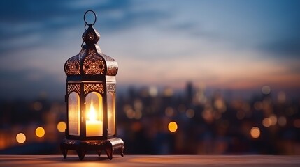 Lantern with dusk sky and city bokeh light background for the Muslim feast of the holy month of Ramadan Kareem