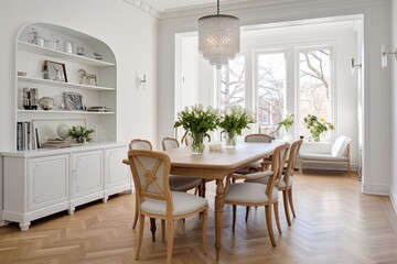 Scandinavian-Inspired Bright French Provincial Dining Room Designs - obrazy, fototapety, plakaty
