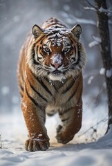 Fototapeta premium Tiger running in the snow in the winter nature forest.