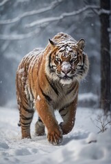 Tiger running in the snow in the winter nature forest.