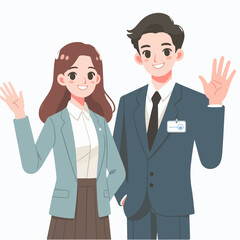 flat design illustration of a beauty and handsome working couple waving their hands