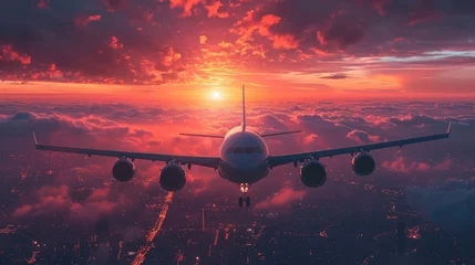 Abwaschbare Fototapete airplane flies in the sunset sky, pink clouds, big modern plane, flight, wings, transport, fuselage, air, beauty, space for text, airline, travel, nature, light, sun © Julia Zarubina