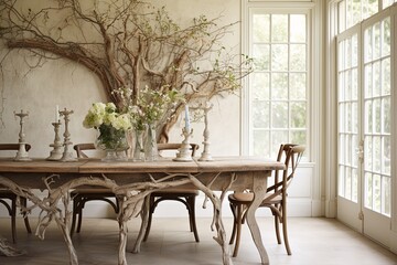 French Provincial Twig Centerpiece Dining Room Designs: Rustic Charm Revived - obrazy, fototapety, plakaty