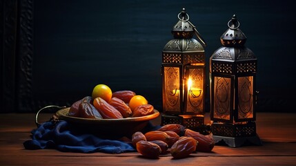 Fototapeta na wymiar Low light photo of Lantern, Dates fruit and rosary for Ramadan and Eid greeting