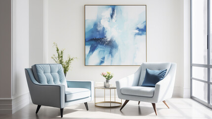 Sophisticated Living Room with Sky Blue Armchairs and Serene Abstract Canvas Art