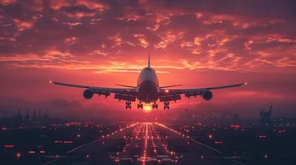 Fotobehang airplane flies in the sunset sky, pink clouds, big modern plane, flight, wings, transport, fuselage, air, beauty, space for text, airline, travel, nature, light, sun, runway, takeoff © Julia Zarubina