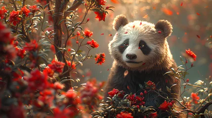 Gordijnen fantasy panda and flowers on natural background © Adja Atmaja