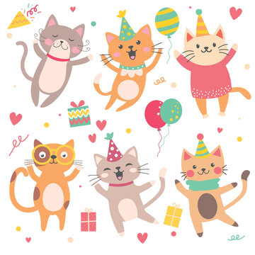 Hand drawn happy birthday card with funny cats with birthday cap