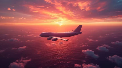 Raamstickers airplane flies in the sunset sky, pink clouds, big modern plane, flight, wings, transport, fuselage, air, beauty, space for text, airline, travel, nature, light, sun © Julia Zarubina
