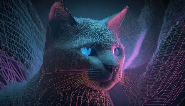 A 3d image of a cat's head on a purple and blue background with lines in the shape of a cat