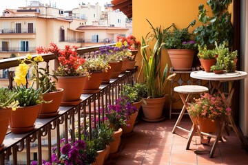Fototapeta na wymiar Terracotta Flower Pots: Mediterranean Balcony Design Inspirations for Apartment Style Living