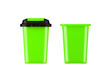 Green trash can. With and without a lid. Isolated on white background. Garbage recycling.