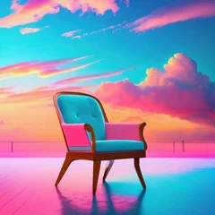Rolgordijnen A chair that is sitting in the middle of a room with a pink and blue sky and clouds behind © Worship