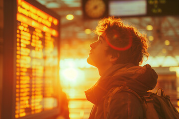 Obraz premium Traveler standing at airport flight schedule board, hoping of joy for upcoming adventure