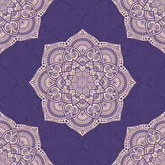 Seamless vector color pattern with mandala. Abstract oriental mandala background. Vintage decorative elements. Islam, Arabic, Indian, ottoman motifs. Pink mandala ornament on violet background.