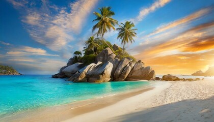 Rural tropic beach on an empty island. Rocky cliffs and palms. Lagoon with clear blue water. Ideal exotic vacation - obrazy, fototapety, plakaty