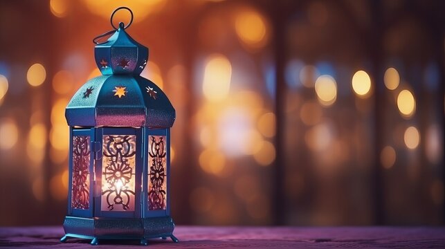 Ornamental Arabic lantern with burning candle glowing isolated o