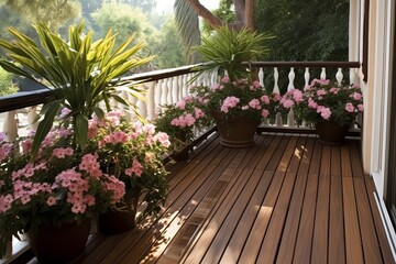 Fototapeta na wymiar Mediterranean Balcony Laminate Floor Design with Border Plants Inspiration