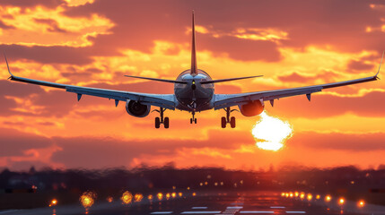 airplane flies in the sunset sky, pink clouds, big modern plane, flight, wings, transport, fuselage, air, beauty, space for text, airline, travel, nature, light, sun, runway, takeoff