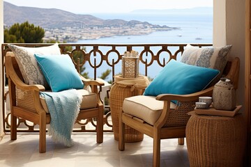 Light Brown Rattan Chairs Blue Cushions: Mediterranean Balcony Design Inspirations