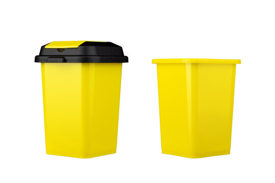 Yellow trash can. With and without a lid. Side view. Isolated on white background. Garbage