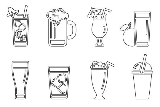 Cold alcoholic and soft drinks line icon set, black outline on white. Beer, cola, mojito and pina colada cocktails, smoothie and juice. Vector sign for web design or logo, illustration of beverage.
