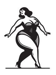 beautiful plump woman dancing. Old vintage engraving illustration. Hand drawn outline graphic. Logo, emblem, icon. Isolated object, cut out. black and white	