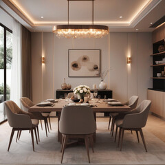modern dining room interior adorned with sleek and stylish furniture, epitomizing contemporary elegance and functionality.