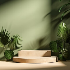 Lush tropical greenery casts elegant shadows around a sleek marble pedestal in a room bathed in natural sunlight, creating a tranquil display.