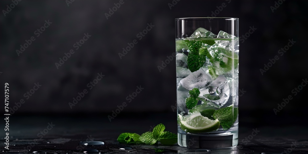 Canvas Prints Refreshing mojito cocktail in a tall glass with ice and mint. perfect summer drink on dark background. ideal for bar menus and beverage advertisements. AI