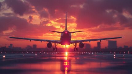 Fototapeta premium airplane flies in the sunset sky, pink clouds, big modern plane, flight, wings, transport, fuselage, air, beauty, space for text, airline, travel, nature, light, sun, runway, takeoff