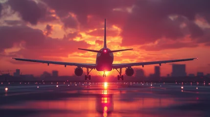 Foto op Canvas airplane flies in the sunset sky, pink clouds, big modern plane, flight, wings, transport, fuselage, air, beauty, space for text, airline, travel, nature, light, sun, runway, takeoff © Julia Zarubina