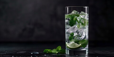 Refreshing mojito cocktail in a tall glass with ice and mint. perfect summer drink on dark background. ideal for bar menus and beverage advertisements. AI