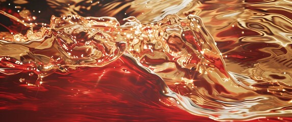 red waves on golden , A dreamy dance of soft light, in the style of sparkling water reflections