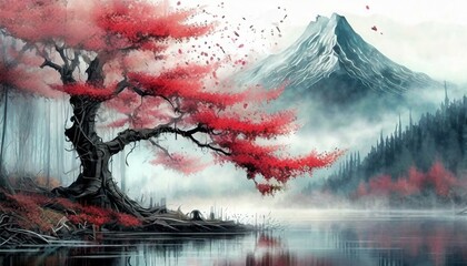 A painting of a tree with red leaves blowing in the wind next to a body of water with a moun