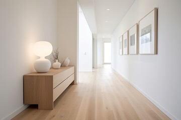 Fototapeta na wymiar Scandinavian Style Minimalist Hallway Design Inspirations: White Walls & Wood Flooring Harmony