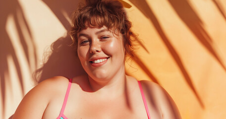 Close up portrait of curvy redhead woman in swimsuit on sunny tropical summer holiday
