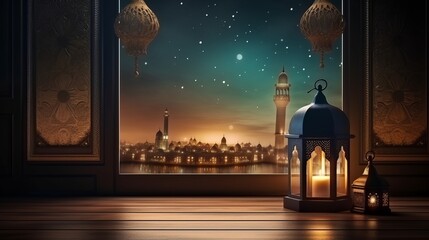 Ramadan Kareem background.Mosque window with lantern lightning and wooden table - obrazy, fototapety, plakaty
