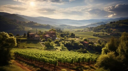 Golden sunlight over tuscan vineyard with grapevines, rolling hills, and ancient olive groves