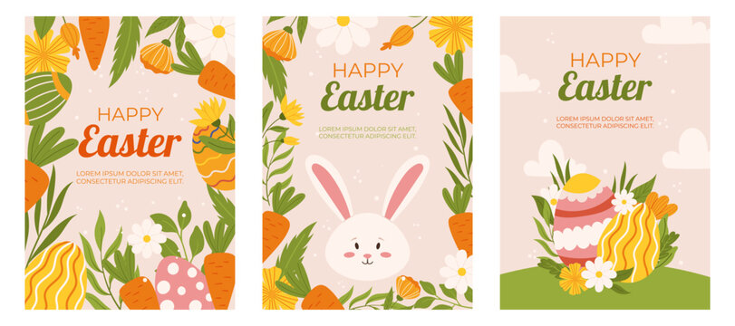 Easter collection of vertical greeting cards template. Design with flowers, painted eggs, bunny and carrot. Hand drawn flat vector illustration