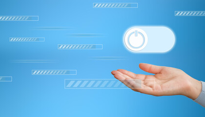 Start button over businessman's hand. Searching browsing internet data, information networking. Enable disable toggle. On off mode for application. Switch.