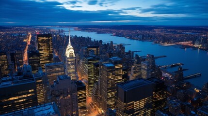 Obraz premium Illuminated urban skyline with neon lights, towering skyscrapers, and busy streets in a metropolis