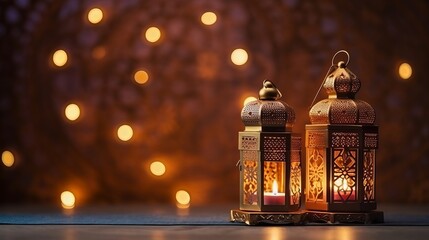 Ramadan mood at night with light decoration in the background - obrazy, fototapety, plakaty