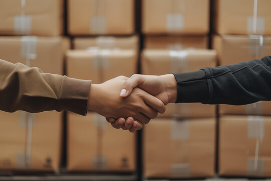 Close-up of business people shaking hands in the warehouse.