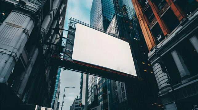 a blank white signboard at middle of the city, inviting viewers to unleash their creativity and imagination by filling the space with personalized messages, artwork, or branding