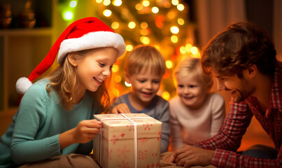 Obraz na płótnie Canvas merry Christmas children exchange gifts