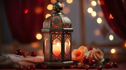Fototapeta na wymiar Vintage lantern with red rosary.Ramadan mood at night with light decoration in the background